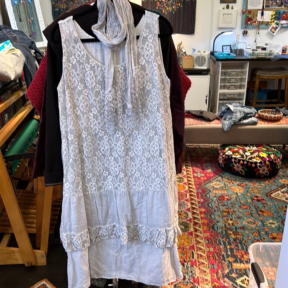 Light silver gray cotton/ lace  dress from Italy